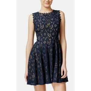 City Studio Navy Blue Floral Lace Overlay Mini Fit & Flare Dress Juniors S Lined